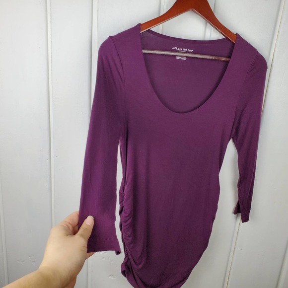 A Pea In The Pod Maternity Medium Plum 3/4 Sleeve Scoop Neck Ruche Side Tunic - Picture 7 of 9